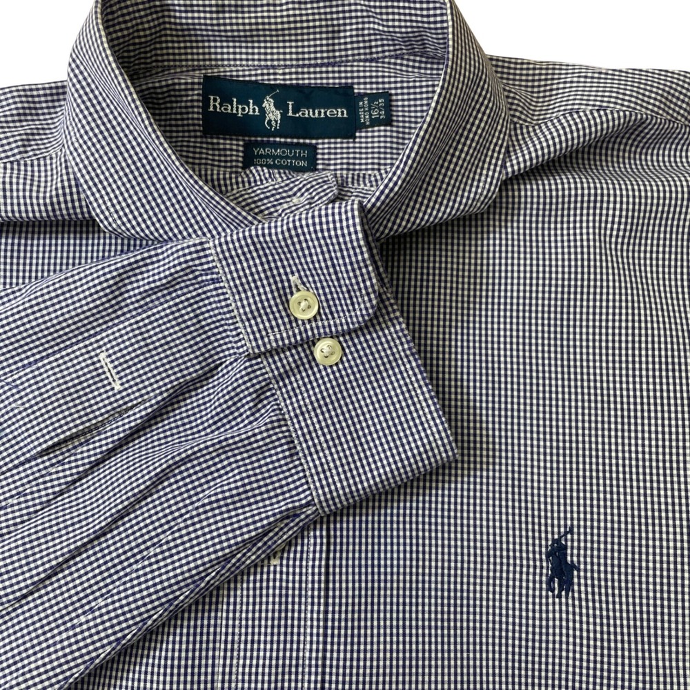 Ralph Lauren Yarmouth Mens 16.5 34/35 Navy Blue Gingham Check Cotton Shirt